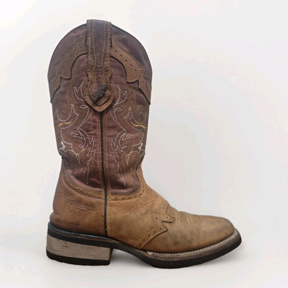 Herencia Men's Square Toe Western Rodeo Cowboy Boots - Brown Leather 7EE